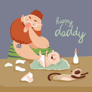 Funny dad changing diaper baby. Vector illustration