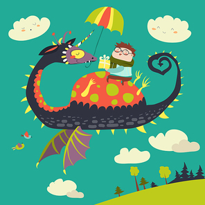 Little boy sitting on the dragon. Vector illustration
