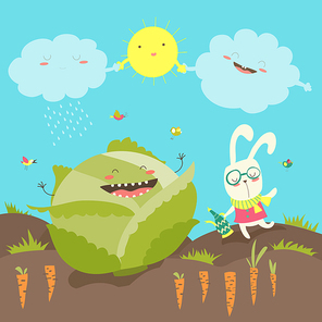 Pretty little rabbit and cabbage field. Vector illustration