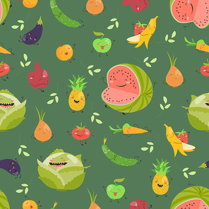 Seamless background with fruits and vegetables on green background. Flat design. Vector illustration