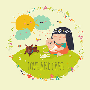 Beautiful young mother hugging little toddler with love. Vector illustration