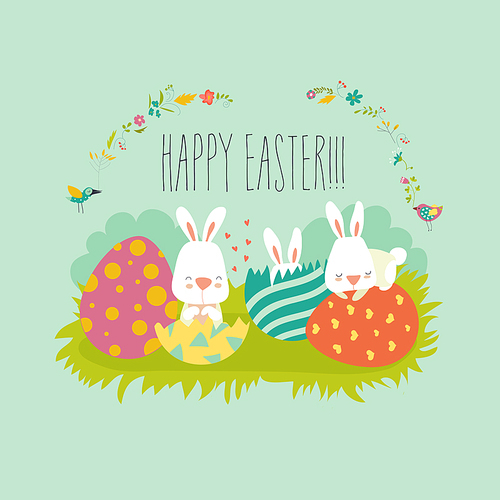 Easter bunny with colorful egg. Vector illustration
