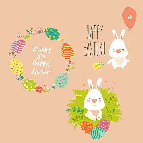 Vector illustration, collection of Easter bunny with colorful egg