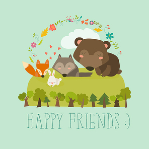 Happy friends in the forest. Bear,fox,rabbit wolf. Vector illustration