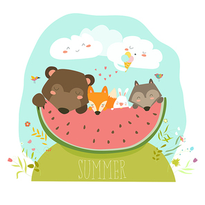 Cute animals eating watermelon slice. Hello summer. Vector illustration