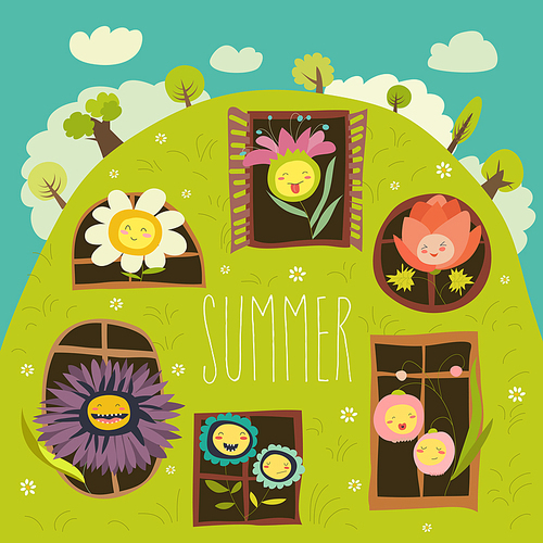 Cute summer flowers looking out of windows. Vector illustration
