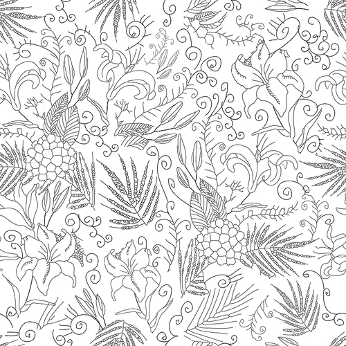 Seamless monochrome flowers pattern on white background