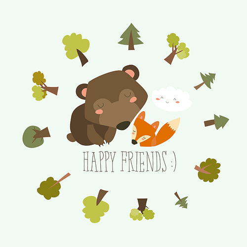 Happy friends in the forest. Bear,fox. Vector illustration