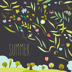 Blooming flowers with summer landscape. Vector illustration