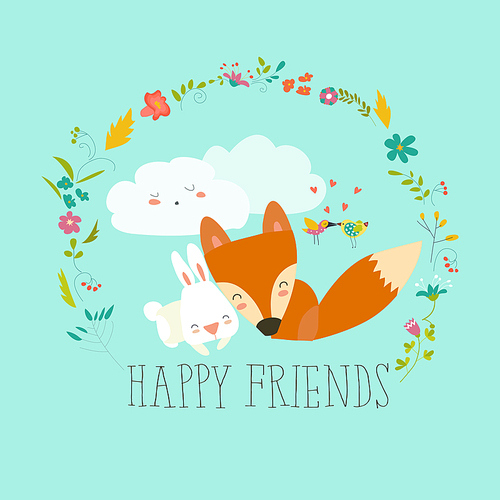 Happy fox and rabbit with wreath. Vector illustration