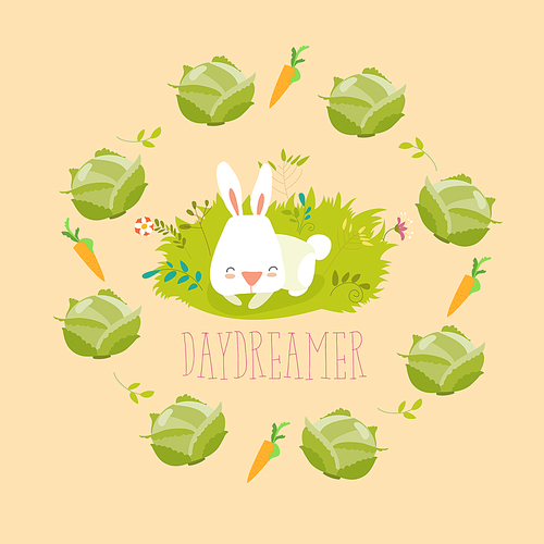 Little rabbit dreaming about vegetables. Vector illustration