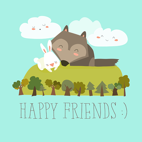 Happy friends in the forest. Wolf,rabbit. Vector illustration