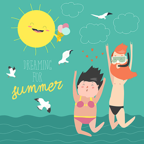 Fun summer vacation. Couple of young people, man and woman are jumping on the sea background. Vector illustration