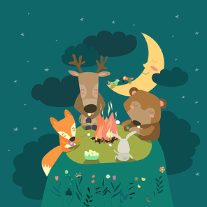 Cute animals resting around bonfire. Vector illustration