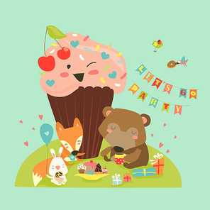 Birthday background with happy animals. Vector illustration