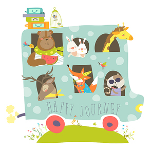 Cute animals traveling by bus. Vector isolated illustration