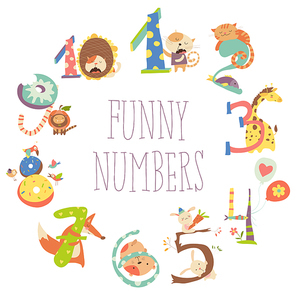 Cartoon Set Illustration of Birthday Anniversary Numbers with Funny Animals