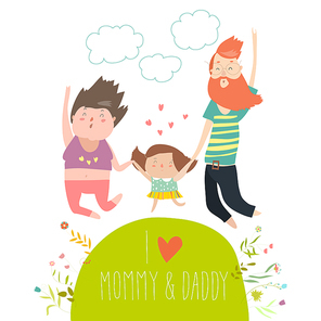 Joyful family is jumping. Dad mom and daughter holding hands jumped. Vector isolated illustration