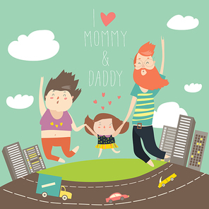 Joyful family is jumping. Dad mom and daughter holding hands jumped. Vector isolated illustration