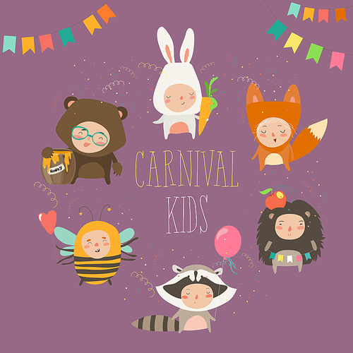 Set of cute kids wearing animal costumes. Vector illustration