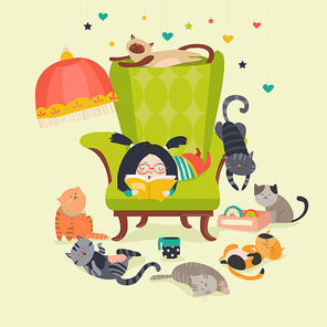 Cute girl reading book to cats. Vector illustration