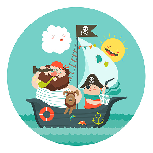 Happy dad and son sailing at their pirate ship. Vector illustration