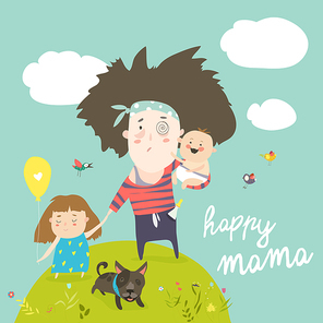 Tired mother walking with her kids. Vector illustration