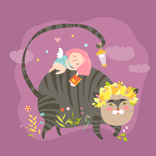 Dreaming girl with for magic cat. Vector illustartion
