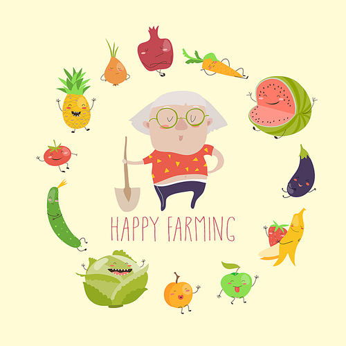 Cute granny farmer with funny vegetables. Vector illustration