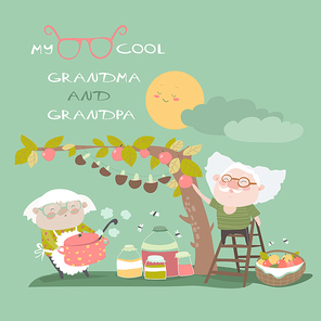 Happy grandparents farming in garden. Vector cartoon illustration