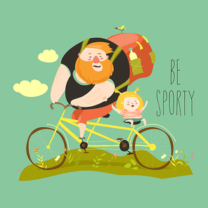 Father and his daughter ride tandem bike. Vector illustration