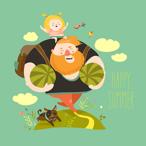 Dad and his daughter are going to picnic. Vector illustration