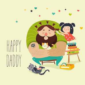 Happy daughter makes a hairdo for dad. Vector illustration