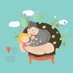 Happy Fathers Day. Daughter hugging her father. Inscription I love dad. Vector illustration