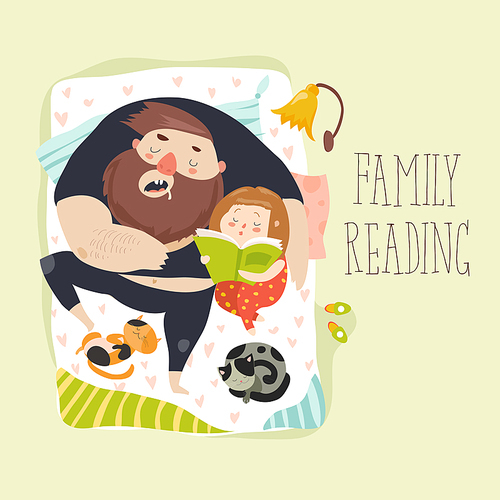 Cute daughter reading bedtime story to his father. Funny cartoon characters. Vector illustration in retro style