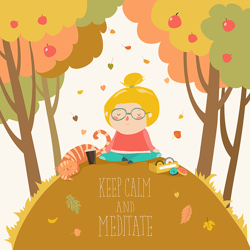 Yoga time in autumn park card template. Vector illustration with girl practicing yoga in park