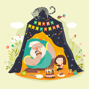 Daddy and his daughter celebrating birthday. Vector illustration