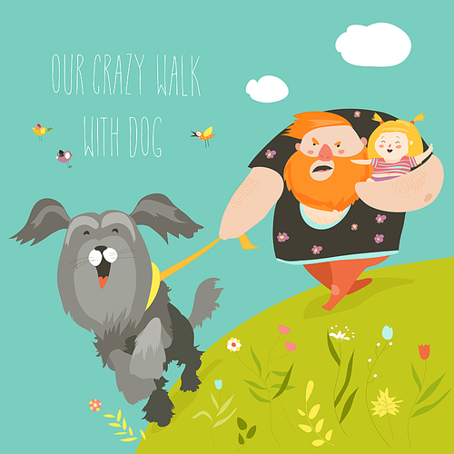 Father with his daughter walking with their crazy dog. Vector illustration