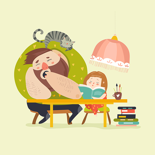 Girl with Dad doing homework. Vector illustration.