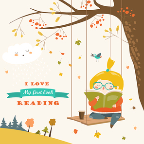 Cute girl swinging and reading a book in autumn park. Vector illustration