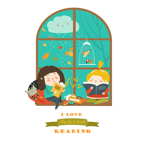 Cute girls reading book by the window. Vector illustration