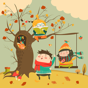 Happy kids ride on a swing in the autumn forest. Vector illustration