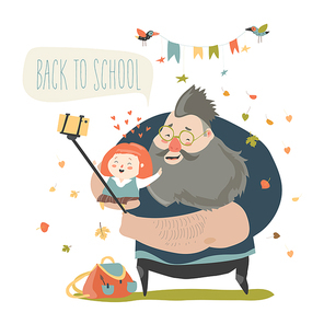 Little girl making selfie with her father. Back to school. Vector illustration