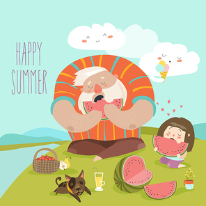 Dad and his daughter eating watermelon on picnic. Vector illustration