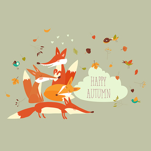 Cute forest foxes with autumn leaves. Vector illustration
