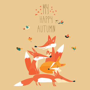 Cute foxes with birds. Vector autumn illustration