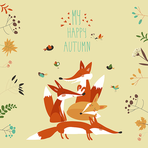 Cute foxes with autumn leaves and plants. Vector illustration