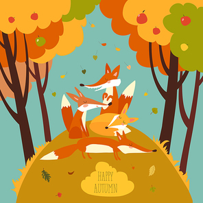 Cute foxes in autumn forest. Vector illustration