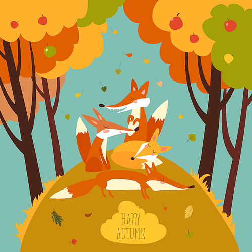 Cute foxes in autumn forest. Vector illustration