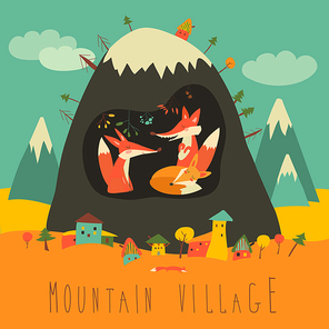 Cute village by the mountain with foxes inside the cave. Vector illustration